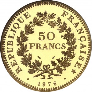 Piąta Republika (od 1958 do dziś). Piéfort o nominale 50 franków Herkules, czerniony blankiet (PROOF) 1976, Pessac.