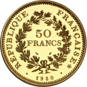 Quinta Repubblica (1958 a oggi). Moneta da 50 franchi di Hercule, fustella brunita (PROOF) 1980, Pessac.