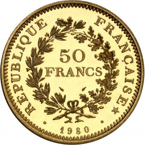 Piata republika (od roku 1958). Herkulesova minca v hodnote 50 frankov, leštená čistá (PROOF) 1980, Pessac.