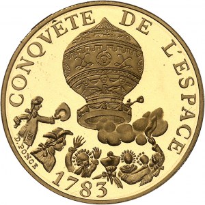Fünfte Republik (1958 bis heute). Piéfort de 10 francs bicentenaire de la Conquête de l'espace en Or, Flan bruni (PROOF) 1983, Pessac.