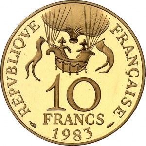Fünfte Republik (1958 bis heute). Piéfort de 10 francs bicentenaire de la Conquête de l'espace en Or, Flan bruni (PROOF) 1983, Pessac.