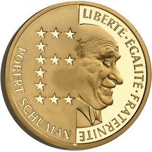 Fünfte Republik (1958 bis heute). Goldpiéfort von 10 Francs Robert Schuman 1986, Pessac.
