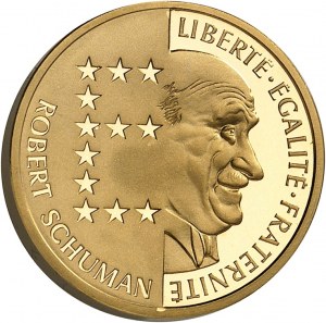 Piata republika (od roku 1958). Robert Schuman 1986, zlatá minca v hodnote 10 frankov, Pessac.