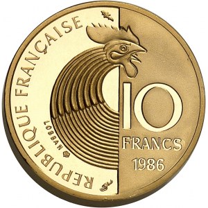 Pátá republika (1958 až dosud). Robert Schuman 1986, zlatá mince v hodnotě 10 franků, Pessac.