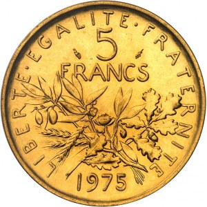 Piąta Republika (1958 do dziś). Moneta o nominale 5 franków Semeuse, specjalne wybicie (SP) 1975, Paryż.
