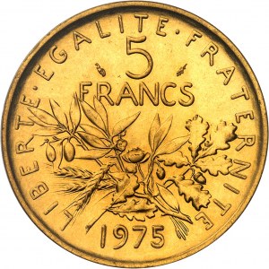 Fifth Republic (1958 to present). Piéfort 5 francs Semeuse, Frappe spéciale (SP) 1975, Paris.