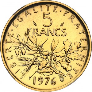 Fifth Republic (1958 to present). 5-franc Semeuse piéfort, burnished blank (PROOF) 1976, Paris.