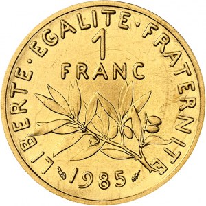 Ve République (1958 à nos jours). Piéfort de 1 franc Semeuse en Or, Frappe spéciale (SP) 1985, Pessac.