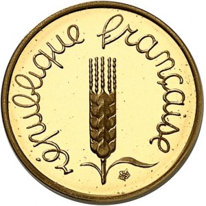 Fifth Republic (1958 to present). Piéfort de 1 centime Épi en Or, Flan bruni (PROOF) 1990, Pessac.