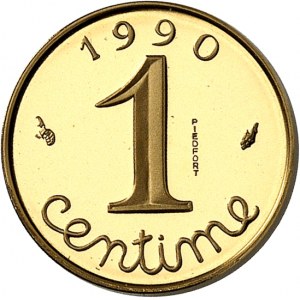 Pátá republika (od roku 1958 do současnosti). Piéfort de 1 centime Épi en Or, Flan bruni (PROOF) 1990, Pessac.