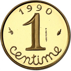 Ve République (1958 à nos jours). Piéfort de 1 centime Épi en Or, Flan bruni (PROOF) 1990, Pessac.
