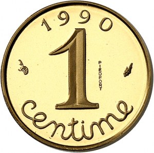 Piąta Republika (1958 do dziś). Piéfort de 1 centime Épi en Or, Flan bruni (PROOF) 1990, Pessac.
