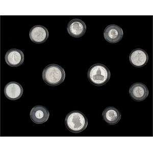 Piąta Republika (1958 do chwili obecnej). Pudełko z 12 srebrnymi monetami, 5 zwykłymi i 7 oksydowanymi (PROOF), 1987, Pessac.