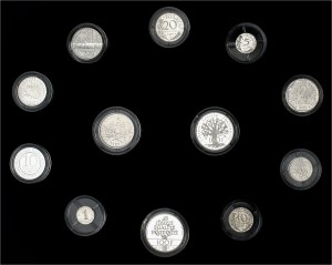 Ve République (1958 to present). Boxed set of 12 silver piéforts, 5 normal blanks and 7 burnished blanks (PROOF) 1987, Pessac.