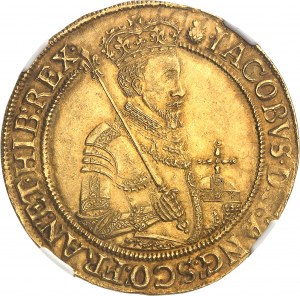Giacomo I (1603-1625). Sovrano o unità d'oro da 20 scellini, 1° busto, 1° emissione ND (1603-1604), Londra.