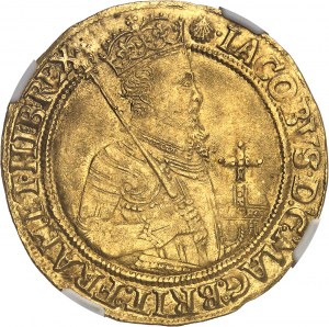 Giacomo I (1603-1625). Unità d'oro del valore di 20 scellini, busto del 4° ND (1606-1607), Londra.