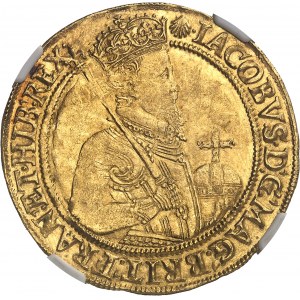 Jakub I. (1603-1625). Jednotka zlata v hodnotě 20 šilinků, 4. busta ND (1606-1607), Londýn.