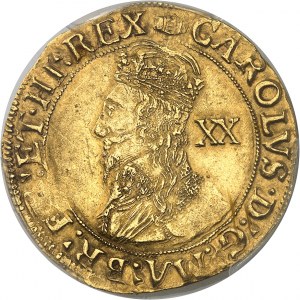 Karol I. (1625-1649). Jednotka zlata v hodnote 20 šilingov ND (1636-1638), Tower of London.