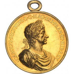 Carlo II (1660-1685). Medaglia d'oro di 20 ghinee, Battaglia di Lowestoft, di J. Roëttiers 1665, Londra.