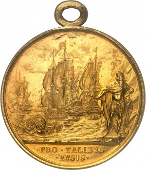 Carlo II (1660-1685). Medaglia d'oro di 20 ghinee, Battaglia di Lowestoft, di J. Roëttiers 1665, Londra.