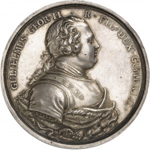 Juraj II (1727-1760). Medaila, Víťazstvo princa Williama Augusta z Cumberlandu v bitke pri Cullodene, autor R. Yeo 1746, Londýn.