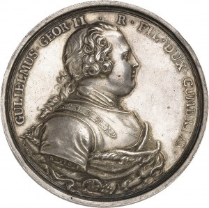 Jiří II (1727-1760). Medaile, Vítězství prince Williama Augusta z Cumberlandu v bitvě u Cullodenu, autor R. Yeo 1746, Londýn.