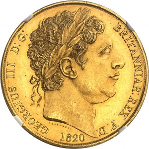 Juraj III (1760-1820). Skúška na 5 libier, nápis na okraji, leštený flanel (PROOF) 1820, Londýn.