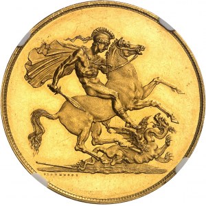 Jiří III (1760-1820). Zkouška na 5 liber, napsaný okraj, leštěný flan (PROOF) 1820, Londýn.