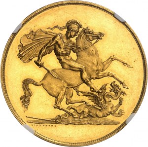 Jiří III (1760-1820). Zkouška na 5 liber, napsaný okraj, leštěný flan (PROOF) 1820, Londýn.