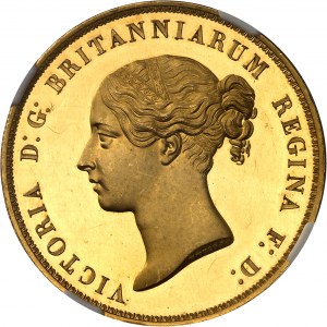 Vittoria (1837-1901). 5 sterline Una e il leone, 6 rotoli e 11 foglie, flan brunito (PROVA) 1839, Londra.