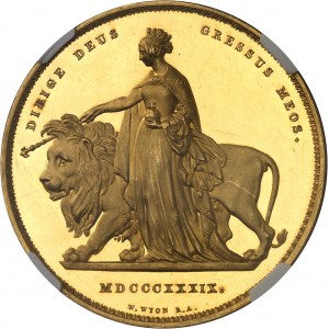Victoria (1837-1901). 5 livres (5 pounds) “Una and the lion”, bandeaux à 6 rouleaux et 11 feuilles, Flan bruni (PROOF) 1839, Londres.