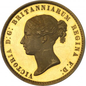 Vittoria (1837-1901). Prova da 5 libbre Una e il leone, fascetta con 5 rotoli e 9 foglie; esemplare unico della collezione White Rose, fustella sottile, peso leggero (36,12 g) e alto titolo (97%), fustella brunita (PROOF) 1839,