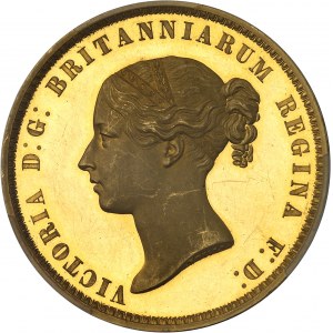Wiktoria (1837-1901). 5-funtowa próba Una i lew, banderola z 5 zwojami i 9 listkami; unikalny egzemplarz z kolekcji White Rose, cienki blankiet, niewielka waga (36,12 g) i wysokie miano (97%), czerniony blankiet (PROOF) 1839,