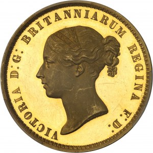 Victoria (1837-1901). Essai de 5 livres (5 pounds) “Una and the lion”, bandeau à 5 rouleaux et 9 feuilles ; exemplaire unique provenant de la collection White Rose, de flan mince, de poids léger (36,12 g) et de titre élevé (97 %), Flan bruni (PROOF) 1839,