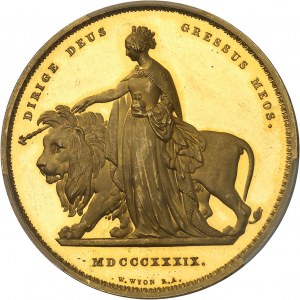 Victoria (1837-1901). 5-Pfund-Aufsatz (5 pounds) Una and the lion, Band mit 5 Rollen und 9 Blättern; Einzelstück aus der White Rose Collection, mit dünnem Rohling, leichtem Gewicht (36,12 g) und hohem Feingehalt (97 %), Gebräunter Zuschnitt (PROOF) 1839