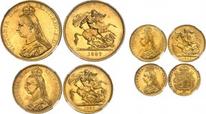Viktorie (1837-1901). Krabička s 11 mincemi, od 5 liber po 3 pence, královnino jubileum 1887, Londýn.