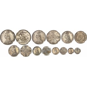 Victoria (1837-1901). Coffret de 11 monnaies, de la 5 livres au 3 pence, jubilé de la Reine 1887, Londres.