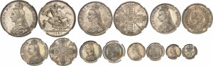 Viktorie (1837-1901). Krabička s 11 mincemi, od 5 liber po 3 pence, královnino jubileum 1887, Londýn.