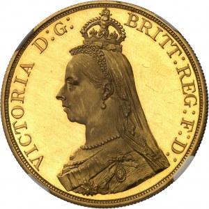 Viktorie (1837-1901). 5 liber, královnino jubileum, leštěný flanel (PROOF) 1887, Londýn.