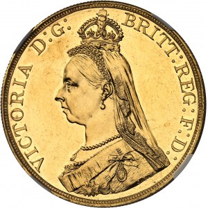 Vittoria (1837-1901). 5 sterline, Giubileo della Regina, aspetto Flan bruni (PROOFLIKE) 1887, Londra.