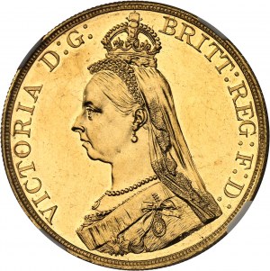 Vittoria (1837-1901). 5 sterline, Giubileo della Regina, aspetto Flan bruni (PROOFLIKE) 1887, Londra.