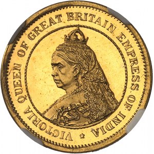 Vittoria (1837-1901). Saggio di unificazione della sovrana, Giubileo d'oro della regina, di J. R. Thomas, bianco brunito (PROVA) ND (1887), Norimberga (L. C. Lauer).