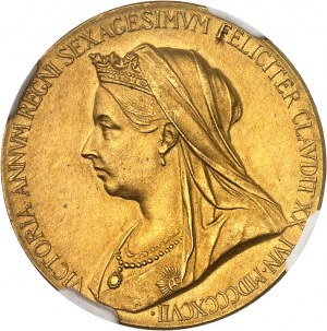 Viktória (1837-1901). Zlatá medaila, Diamantové jubileum kráľovnej, autor G. W. de Saulles podľa T. Brock 1897, Londýn.