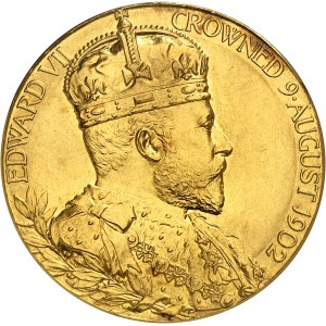 Edward VII (1901-1910). Złoty medal, Koronacja Króla i Królowej, autor: G. W. de Saulles, matowy blankiet, wybicie specjalne (SP) 1902, Londyn.