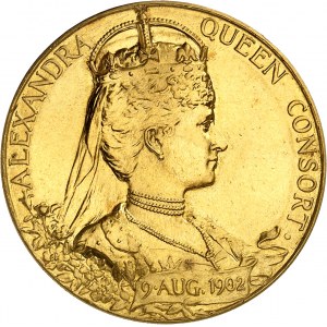 Edward VII (1901-1910). Złoty medal, Koronacja Króla i Królowej, autor: G. W. de Saulles, matowy blankiet, wybicie specjalne (SP) 1902, Londyn.