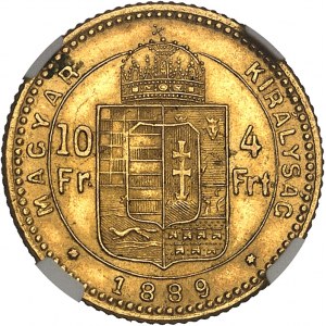 François-Joseph Ier (1848-1916). 10 francs / 4 forint 1889, KB, Kremnitz (Körmöcbánya).