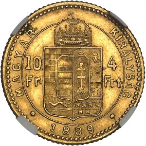 Franz Joseph I (1848-1916). 10 francs / 4 forint 1889, KB, Kremnitz (Körmöcbánya).