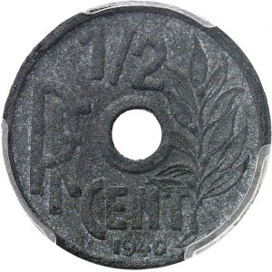État Français (1940-1944). Prototype du 1/2 cent(ième), sur flan en zinc, par R. Mercier, Frappe spéciale (SP) 1940.