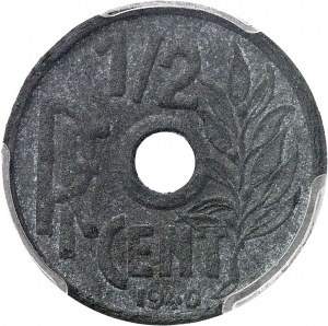 État Français (1940-1944). Prototype of the 1/2 cent(ième), on zinc blank, by R. Mercier, Frappe spéciale (SP) 1940.