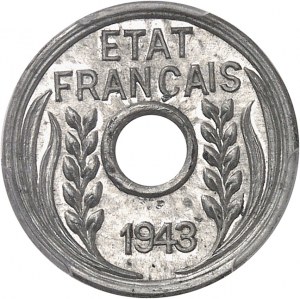 Französischer Staat (1940-1944). Testprägung von 1 Cent(i), glatter Rand und Medaillenprägung, Sonderprägung (SP) 1943, Hanoi.